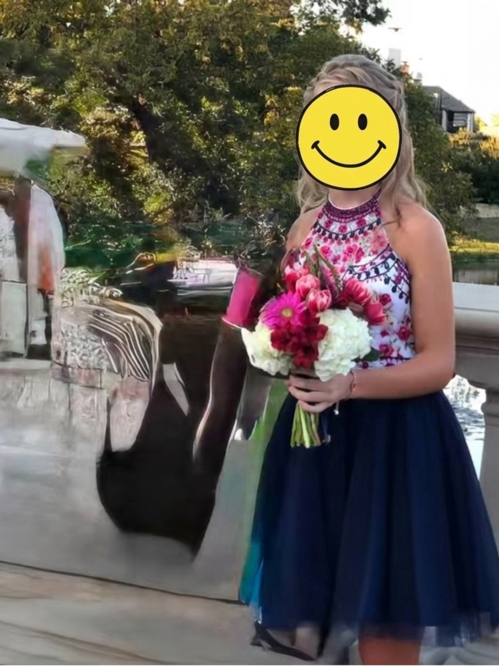 Beautifully Terry Costa beaded Navy & Pink Floral Homecoming or Firmal Dress